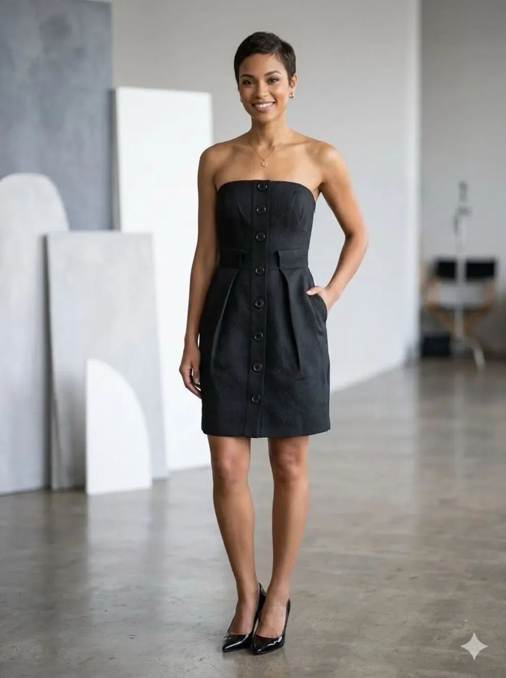 Derek Lam Strapless Button Front Mini Dress Black Jacquard Fitted Cocktail NWT